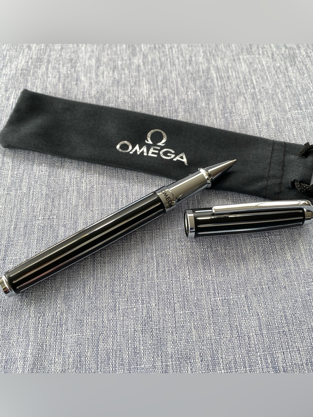 Authentic Omega | Black and Silver Striped Ballpoint Pen